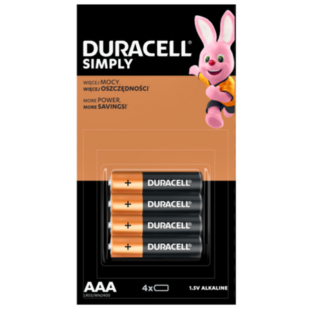 Baterie AAA DURACELL Paluszki Alkaliczne R3 1.5V Mocne 4 sztuki Oryginalne